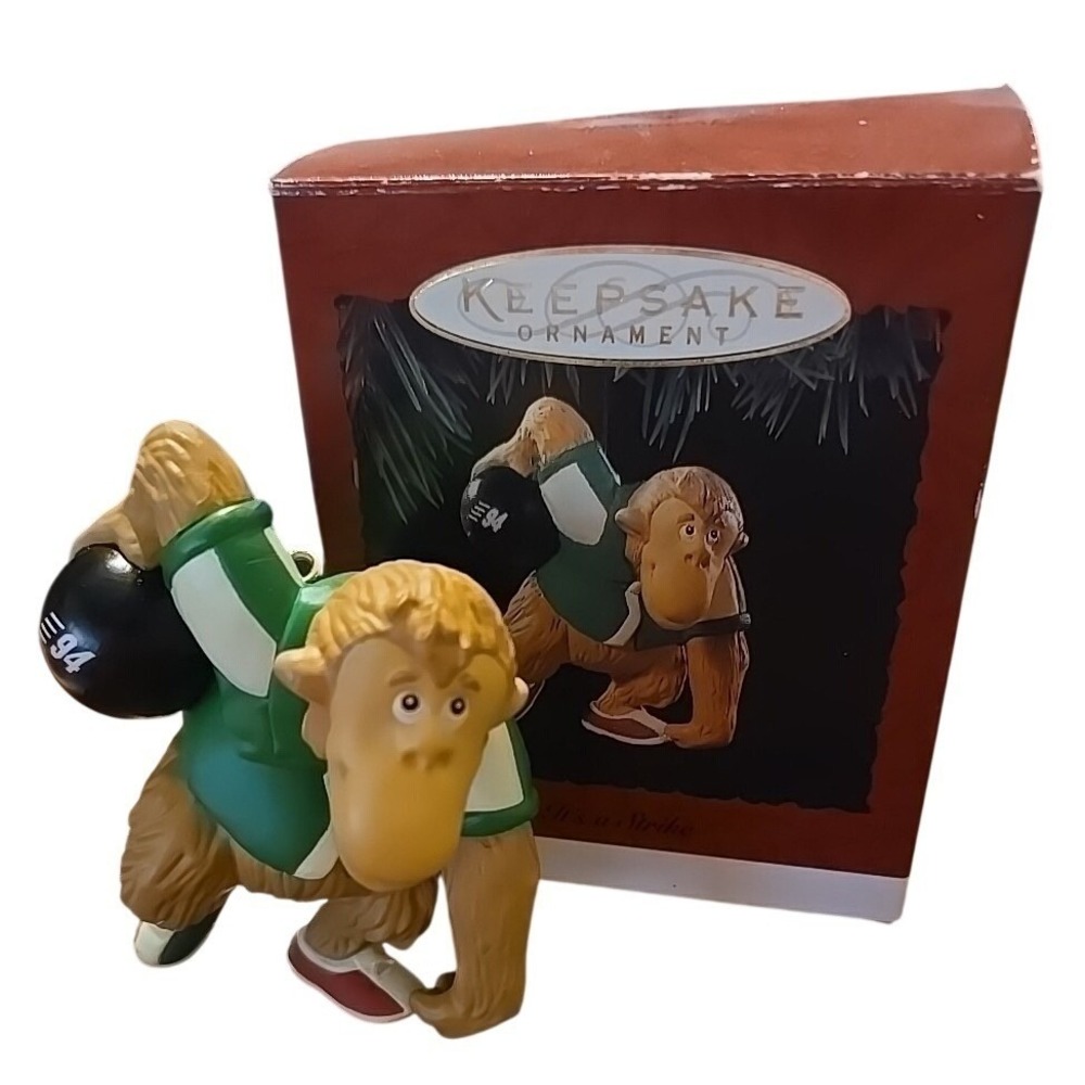 Hallmark Keepsake Ornament Vintage 1994 "It's a‎ Strike" Bowling Monkey With Box